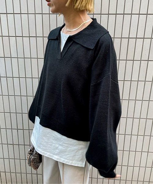 feepur（フェピュール）の「《ウォッシャブル》ポロカラークロップドニット（ニット/セーター・レディース・ブラック/ベージュ/グリーン・MEDIUM）」の6枚目の写真