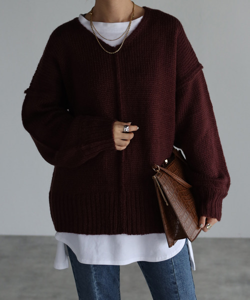 amini(アミニ)の「【2021-2022 A/W】Vネックカラーニット(ニット/セーター・レディース・レッド/オフホワイト/ブルー/グリーン/ダークパープル・MEDIUM)」の8枚目の写真