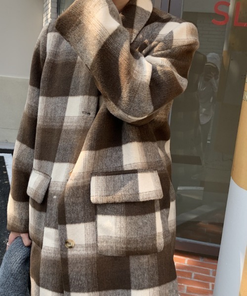 aimoha（アイモハ）の「チェック柄フェイクウールロングコート（チェスターコート・レディース・ブラック/チョコ・FREE）」の17枚目の写真