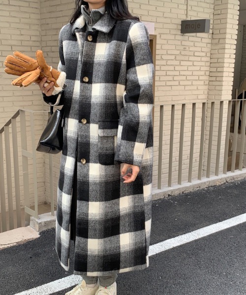 aimoha（アイモハ）の「チェック柄フェイクウールロングコート（チェスターコート・レディース・ブラック/チョコ・FREE）」の9枚目の写真