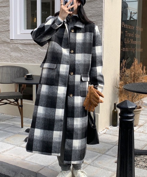 aimoha（アイモハ）の「チェック柄フェイクウールロングコート（チェスターコート・レディース・ブラック/チョコ・FREE）」の10枚目の写真
