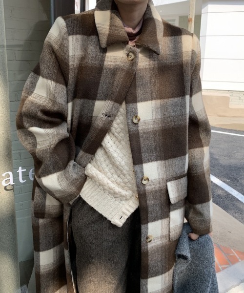 aimoha（アイモハ）の「チェック柄フェイクウールロングコート（チェスターコート・レディース・ブラック/チョコ・FREE）」の16枚目の写真