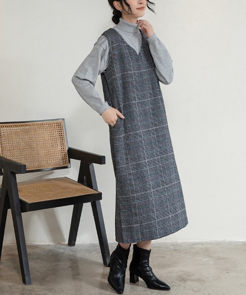 セール】チェック柄ジャンパースカート ロング丈（ジャンパースカート