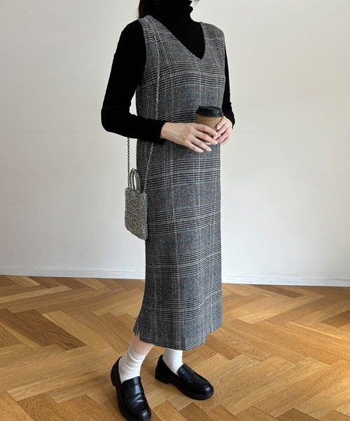 チェック柄ジャンパースカート ロング丈（ジャンパースカート）｜Doux  
