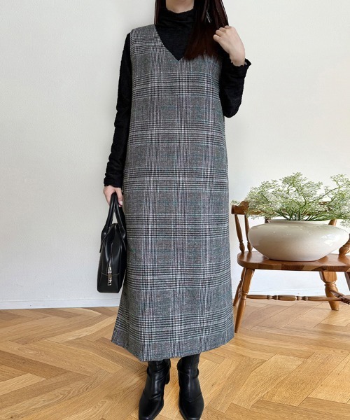 チェック柄ジャンパースカート ロング丈（ジャンパースカート）｜Doux  