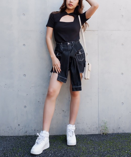 SPIRALGIRL（スパイラルガール）の「バストオープンリブトップス（Tシャツ/カットソー・レディース・ブラック/オフホワイト/グリーン・FREE）」の10枚目の写真