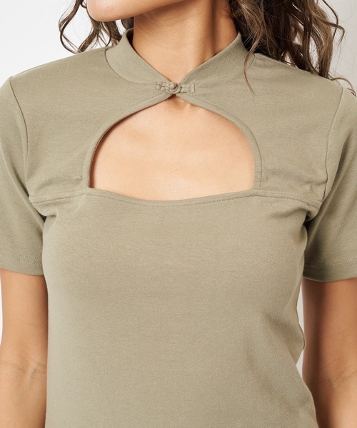 SPIRALGIRL（スパイラルガール）の「バストオープンリブトップス（Tシャツ/カットソー・レディース・ブラック/オフホワイト/グリーン・FREE）」の5枚目の写真