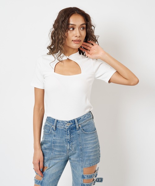 SPIRALGIRL（スパイラルガール）の「バストオープンリブトップス（Tシャツ/カットソー・レディース・ブラック/オフホワイト/グリーン・FREE）」の14枚目の写真