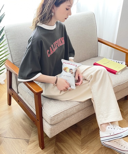 classicalelf（クラシカルエルフ）の「ロゴTeeブーム、到来！綿100％、カレッジロゴクロップド丈リンガーTシャツ（Tシャツ/カットソー・レディース・ホワイト/チャコールグレー/カーキ/クリーム・SMALL/MEDIUM/LARGE/X-LARGE）」の19枚目の写真