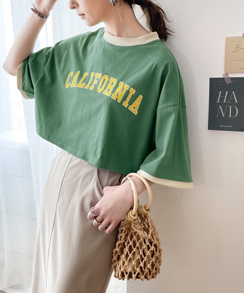 classicalelf（クラシカルエルフ）の「ロゴTeeブーム、到来！綿100％、カレッジロゴクロップド丈リンガーTシャツ（Tシャツ/カットソー・レディース・ホワイト/チャコールグレー/カーキ/クリーム・SMALL/MEDIUM/LARGE/X-LARGE）」の15枚目の写真