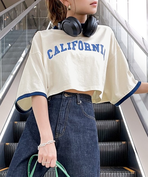 classicalelf（クラシカルエルフ）の「ロゴTeeブーム、到来！綿100％、カレッジロゴクロップド丈リンガーTシャツ（Tシャツ/カットソー・レディース・ホワイト/チャコールグレー/カーキ/クリーム・SMALL/MEDIUM/LARGE/X-LARGE）」の7枚目の写真