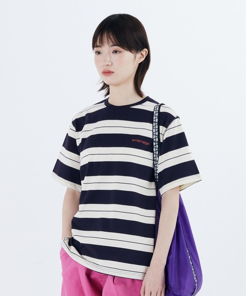 87mm(87mm)の「【87MM / Mmlg】EM STRIPE HF-T /パルチムエムエム Mmlg EM ストライプ ワンポイントロゴ Tシャツ(Tシャツ/カットソー・レディース・オレンジ/ネイビー・SMALL/MEDIUM/LARGE)」の6枚目の写真