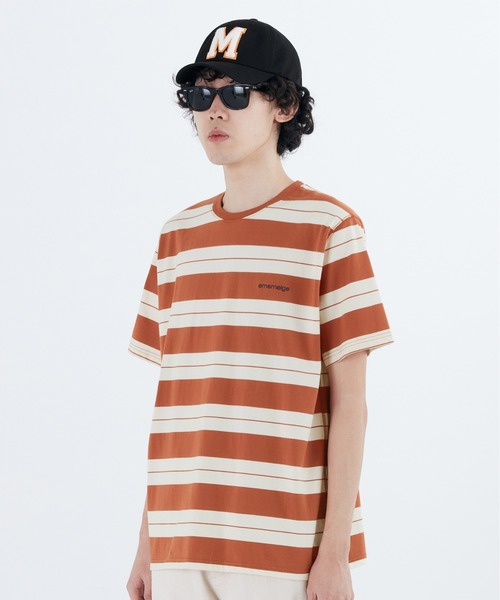 87mm(87mm)の「【87MM / Mmlg】EM STRIPE HF-T /パルチムエムエム Mmlg EM ストライプ ワンポイントロゴ Tシャツ(Tシャツ/カットソー・レディース・オレンジ/ネイビー・SMALL/MEDIUM/LARGE)」の11枚目の写真
