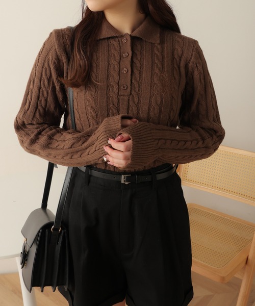 WEGO（ウィゴー）の「WEGO/ケーブルポロニット（ニット/セーター・レディース・ブラウン/ブラック・FREE）」の2枚目の写真
