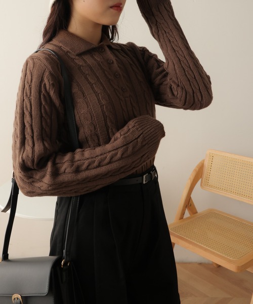 WEGO（ウィゴー）の「WEGO/ケーブルポロニット（ニット/セーター・レディース・ブラウン/ブラック・FREE）」の13枚目の写真