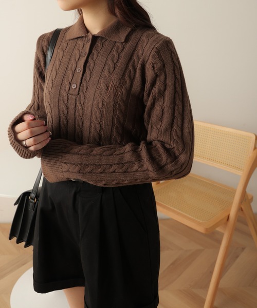 WEGO（ウィゴー）の「WEGO/ケーブルポロニット（ニット/セーター・レディース・ブラウン/ブラック・FREE）」の3枚目の写真
