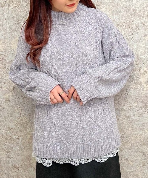 axes femme（アクシーズファム）の「裾レースベロアモールニット（ニット/セーター・レディース・サックスブルー/キナリ/ピンク/グレー・FREE）」の3枚目の写真