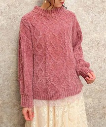 裾レースベロアモールニット