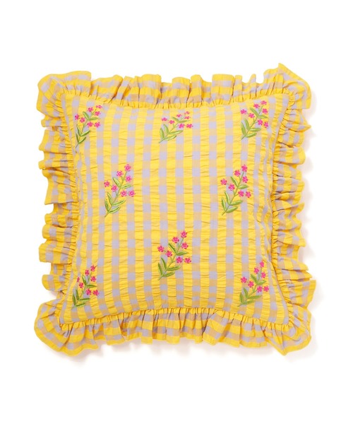 Francfranc(フランフラン)の「チェックフラワーEMB クッションカバー 450×450 イエロー(131)(クッション/クッションカバー・レディース・イエロー・FREE)」の1枚目の写真