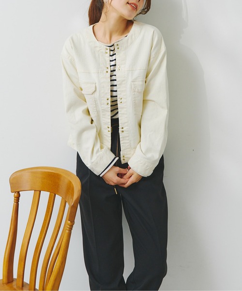 Chez toi（シェトワ）の「ゴールドフックノーカラーGジャン（デニムジャケット・レディース・アイボリー/カーキ/ブルー/インディゴブルー・FREE）」の9枚目の写真