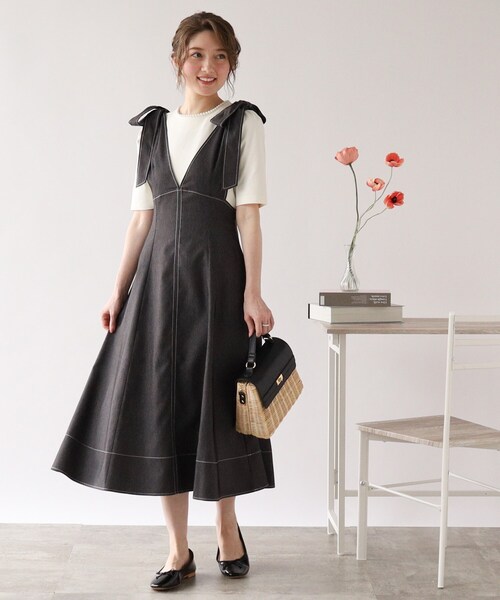 couture brooch（クチュールブローチ）の「◆【リボン付け外し2WAY】リボン付きポーリーデニムジャンスカ（スカート・レディース・ダークネイビー/ブラック・40/42/38）」の3枚目の写真