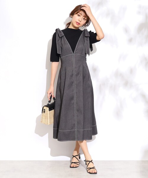 couture brooch（クチュールブローチ）の「◆【リボン付け外し2WAY】リボン付きポーリーデニムジャンスカ（スカート・レディース・ダークネイビー/ブラック・40/42/38）」の7枚目の写真