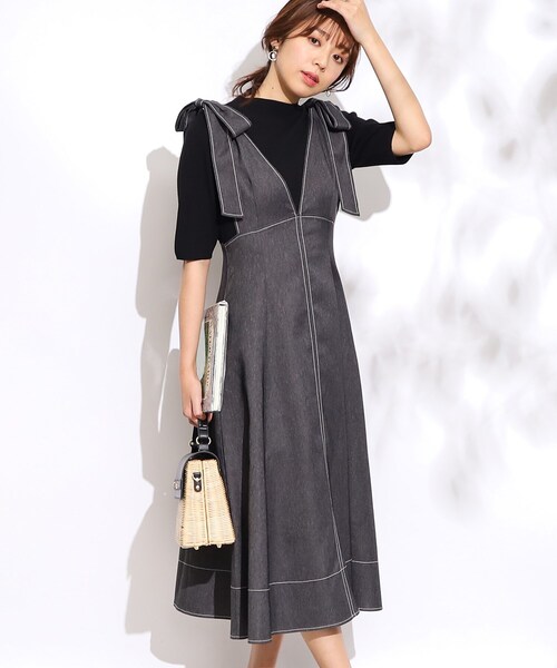 couture brooch（クチュールブローチ）の「◆【リボン付け外し2WAY】リボン付きポーリーデニムジャンスカ（スカート・レディース・ダークネイビー/ブラック・40/42/38）」の14枚目の写真