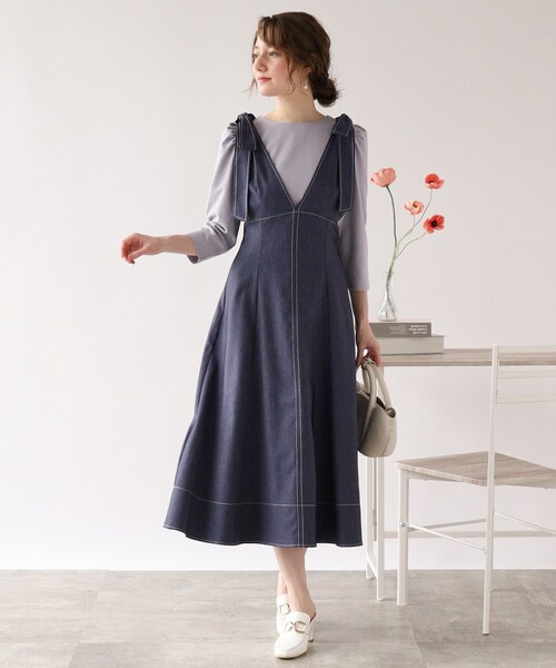 couture brooch（クチュールブローチ）の「◆【リボン付け外し2WAY】リボン付きポーリーデニムジャンスカ（スカート・レディース・ダークネイビー/ブラック・40/42/38）」の5枚目の写真