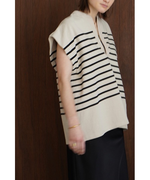 カットソー(半袖/袖なし) CLANE WIDE HENLEY NECK N/S BORDER TOPS CLANE - ワイド ヘンリー ネック ノースリーブ トップス - WIDE HENLEY