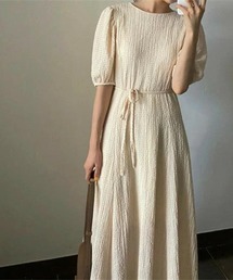 ラウンドネックパフスリーブ5分袖ワンピース