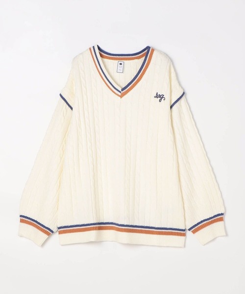 179/WG（イチナナキュウダブルジー）の「配色ラインケーブルニットチュニック（ニット/セーター・レディース・オフホワイト/ブルー/チャコールグレー・FREE）」の5枚目の写真