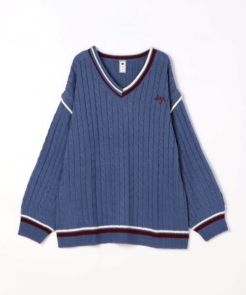 179/WG（イチナナキュウダブルジー）の「配色ラインケーブルニットチュニック（ニット/セーター・レディース・オフホワイト/ブルー/チャコールグレー・FREE）」の7枚目の写真