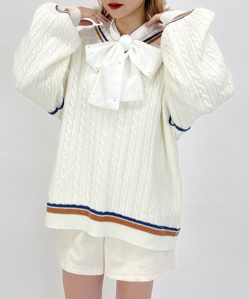 179/WG（イチナナキュウダブルジー）の「配色ラインケーブルニットチュニック（ニット/セーター・レディース・オフホワイト/ブルー/チャコールグレー・FREE）」の18枚目の写真