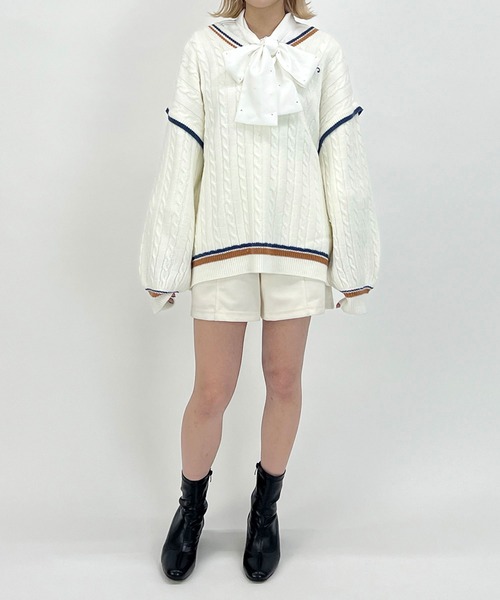 179/WG（イチナナキュウダブルジー）の「配色ラインケーブルニットチュニック（ニット/セーター・レディース・オフホワイト/ブルー/チャコールグレー・FREE）」の19枚目の写真