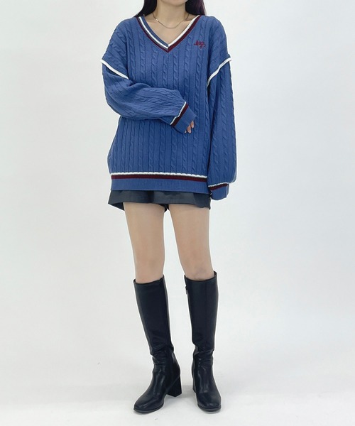 179/WG（イチナナキュウダブルジー）の「配色ラインケーブルニットチュニック（ニット/セーター・レディース・オフホワイト/ブルー/チャコールグレー・FREE）」の20枚目の写真