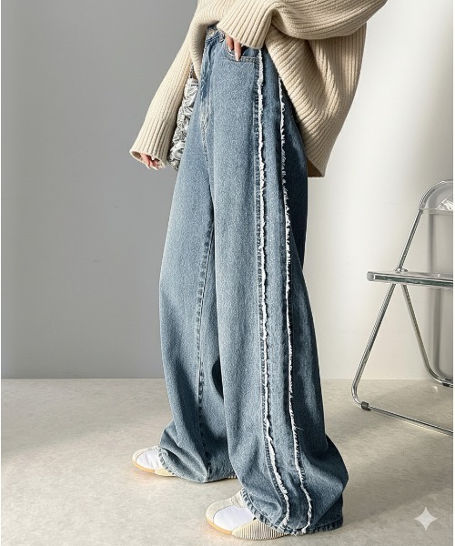 VALABASASフリンジデニムフレアパンツ（最終値下げ）　DADA着用似 最旬美脚デニム。裾フリンジセミフレアデニムパンツ ce0900004