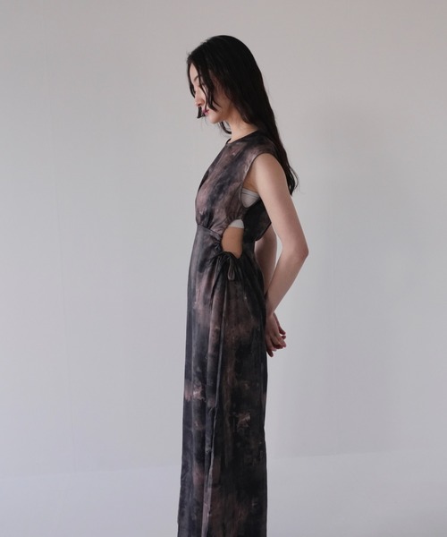 じ*か様 超美品 エイミーロウ オイルペイント スリーブレス ワンピース パープ サイドホール ワンピース 肌見せ ヘルシー マーブル スリーブレス