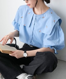 フラワー刺繍ビッグカラーキャンディースリーブブラウス