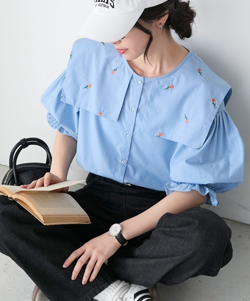 BONLECILL(ボンルシール)の「フラワー刺繍ビッグカラーキャンディースリーブブラウス(シャツ/ブラウス・レディース・ネイビー/ブルー/オフホワイト/ブラック・FREE)」の9枚目の写真