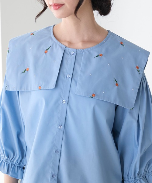 BONLECILL(ボンルシール)の「フラワー刺繍ビッグカラーキャンディースリーブブラウス(シャツ/ブラウス・レディース・ネイビー/ブルー/オフホワイト/ブラック・FREE)」の11枚目の写真