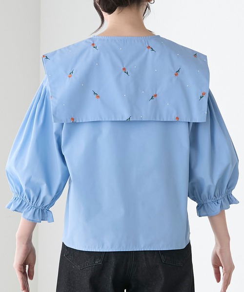 BONLECILL(ボンルシール)の「フラワー刺繍ビッグカラーキャンディースリーブブラウス(シャツ/ブラウス・レディース・ネイビー/ブルー/オフホワイト/ブラック・FREE)」の19枚目の写真