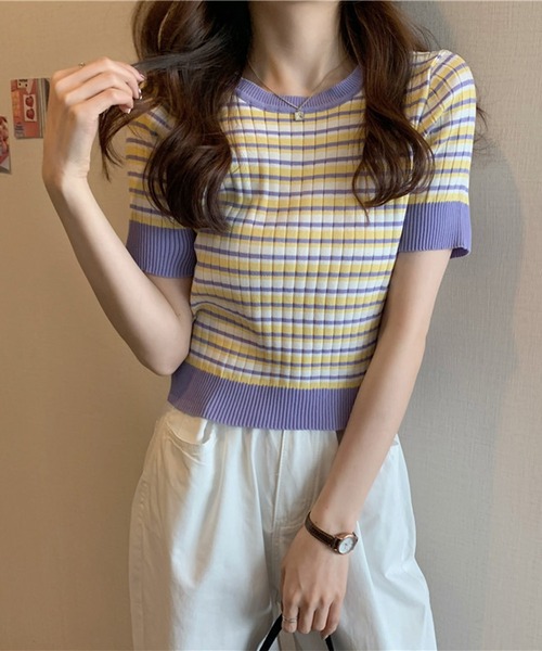 IRADOWL(アイラドール)の「マルチボーダークロップドトップス(Tシャツ/カットソー・レディース・パープル/ブラック/イエロー/グリーン・FREE)」の3枚目の写真