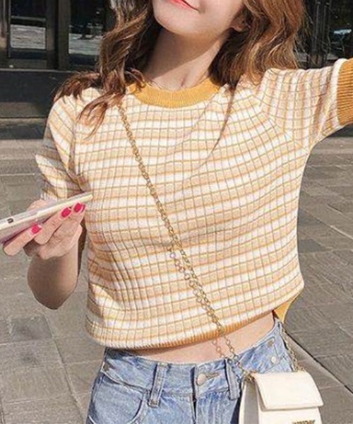 IRADOWL(アイラドール)の「マルチボーダークロップドトップス(Tシャツ/カットソー・レディース・パープル/ブラック/イエロー/グリーン・FREE)」の4枚目の写真