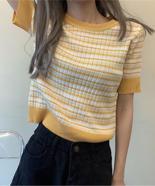 IRADOWL(アイラドール)の「マルチボーダークロップドトップス(Tシャツ/カットソー・レディース・パープル/ブラック/イエロー/グリーン・FREE)」の5枚目の写真