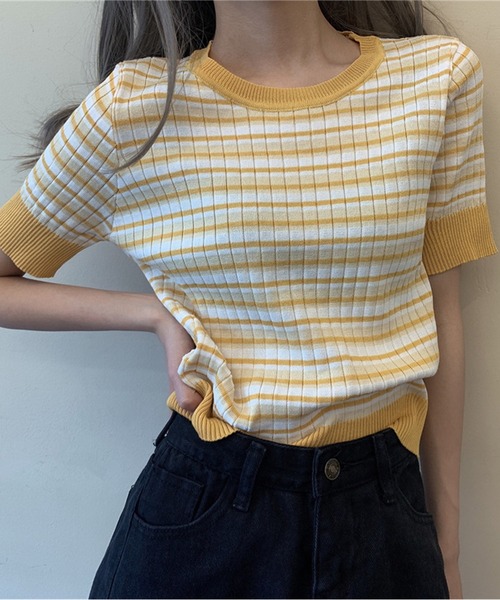 IRADOWL(アイラドール)の「マルチボーダークロップドトップス(Tシャツ/カットソー・レディース・パープル/ブラック/イエロー/グリーン・FREE)」の6枚目の写真