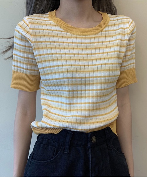 IRADOWL(アイラドール)の「マルチボーダークロップドトップス(Tシャツ/カットソー・レディース・パープル/ブラック/イエロー/グリーン・FREE)」の8枚目の写真