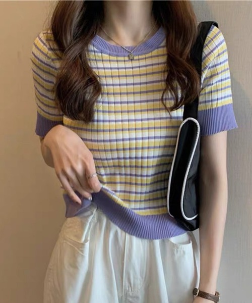 IRADOWL(アイラドール)の「マルチボーダークロップドトップス(Tシャツ/カットソー・レディース・パープル/ブラック/イエロー/グリーン・FREE)」の11枚目の写真