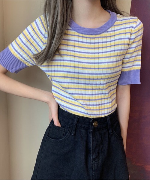 IRADOWL(アイラドール)の「マルチボーダークロップドトップス(Tシャツ/カットソー・レディース・パープル/ブラック/イエロー/グリーン・FREE)」の12枚目の写真