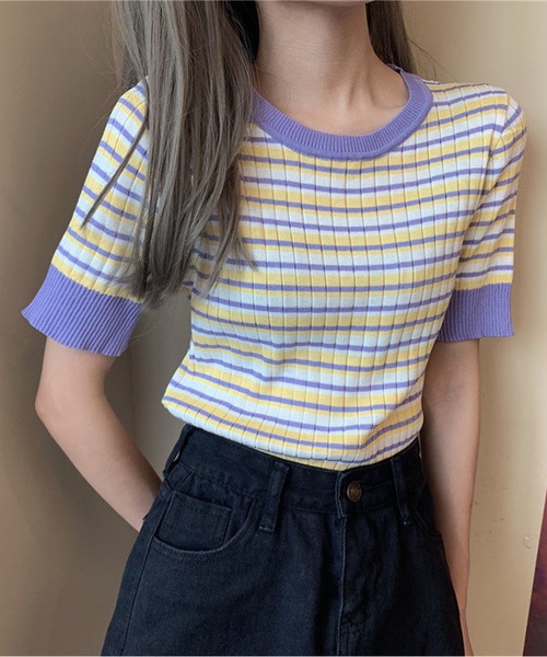 IRADOWL(アイラドール)の「マルチボーダークロップドトップス(Tシャツ/カットソー・レディース・パープル/ブラック/イエロー/グリーン・FREE)」の13枚目の写真