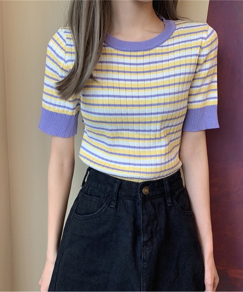 IRADOWL(アイラドール)の「マルチボーダークロップドトップス(Tシャツ/カットソー・レディース・パープル/ブラック/イエロー/グリーン・FREE)」の14枚目の写真